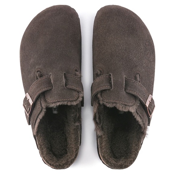 Birkenstock Boston Clog Shearling Dark Brown Suede Slippers - Picture 2 of 14